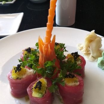 Edo Japan - Riceless cherry blossom roll. The wrap is fresh ahi tuna and inside is sweet shredded crab meat advocado, cucumber. On the top is dish row! - Sushi Bars Near Me - Rockwall, Texas Edo Japan - Riceless cherry blossom roll. The wrap is fresh ahi tuna and inside is sweet shredded crab meat advocado, cucumber. On the top is dish row! - Sushi Bars Near Me - Rockwall, Texas