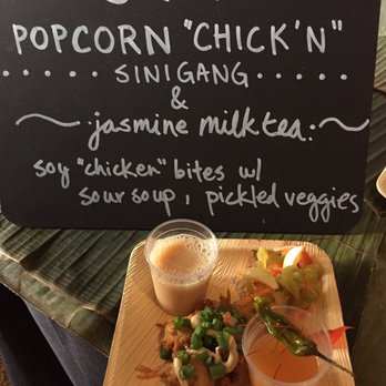 Savor Filipino - Vegan Popcorn Chick'n Sinigang (by Chef JP Reyes and Kristen Brillantes) - Fried Soy "Chicken" Bites, Sour Soup, Pickled veges, Milktea - Festivals Near Me - Oakland, California Savor Filipino - Vegan Popcorn Chick'n Sinigang (by Chef JP Reyes and Kristen Brillantes) - Fried Soy "Chicken" Bites, Sour Soup, Pickled veges, Milktea - Festivals Near Me - Oakland, California
