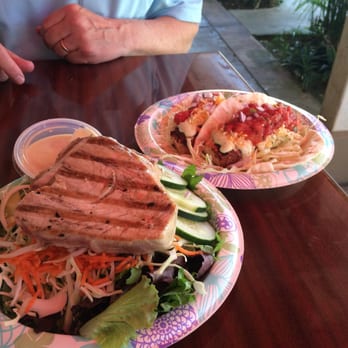 Sleeping Giant Grill - There are TWO pieces of lovely seared tuna on that salad and delicious Mahi tacos! - Seafood Near Me - Kapaa, Hawaii Sleeping Giant Grill - There are TWO pieces of lovely seared tuna on that salad and delicious Mahi tacos! - Seafood Near Me - Kapaa, Hawaii