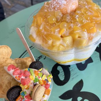 Snowl - Left (taiyaki ice cream, milk tea flavor) Right (mango snow bowl) - Desserts Near Me - Aurora, Colorado