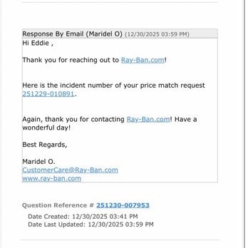 Ray-Ban - Price match request that was denied - Eyewear & Opticians Near Me - Paramus, New Jersey