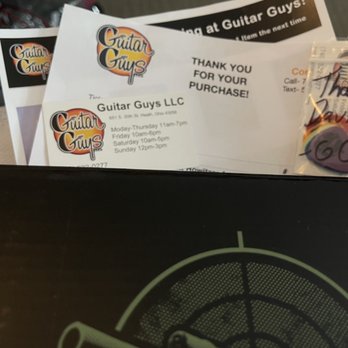 Guitar Guys - top of the box for the pedal I bought, and guitar picks and business cards*. I asked if they had stuff laying around they could toss in;) - Musical Instruments & Teachers Near Me - Heath, Ohio