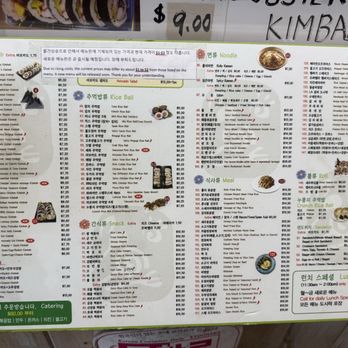 Rolly Kimbab - Menu - The image shows a colorful menu board from a Korean restaurant, listing items such as kimbap, rice bowls, noodles, snacks, and lunch specials. Prices are displayed alongside item descriptions, with some items marked as spicy or new. The menu includes images of selected dishes and highlights special offers like lunch sets. The board is organized into sections with headings in both Korean and English, providing a comprehensive overview of available food options. - Korean Near Me - Flushing, New York