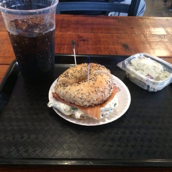 Yorgo's Bageldashery - Large soda, lox w/ scallion cream cheese (extra CC) on an everything with potato salad (add salt!). - Bagels Near Me - Norfolk, Virginia Yorgo's Bageldashery - Large soda, lox w/ scallion cream cheese (extra CC) on an everything with potato salad (add salt!). - Bagels Near Me - Norfolk, Virginia