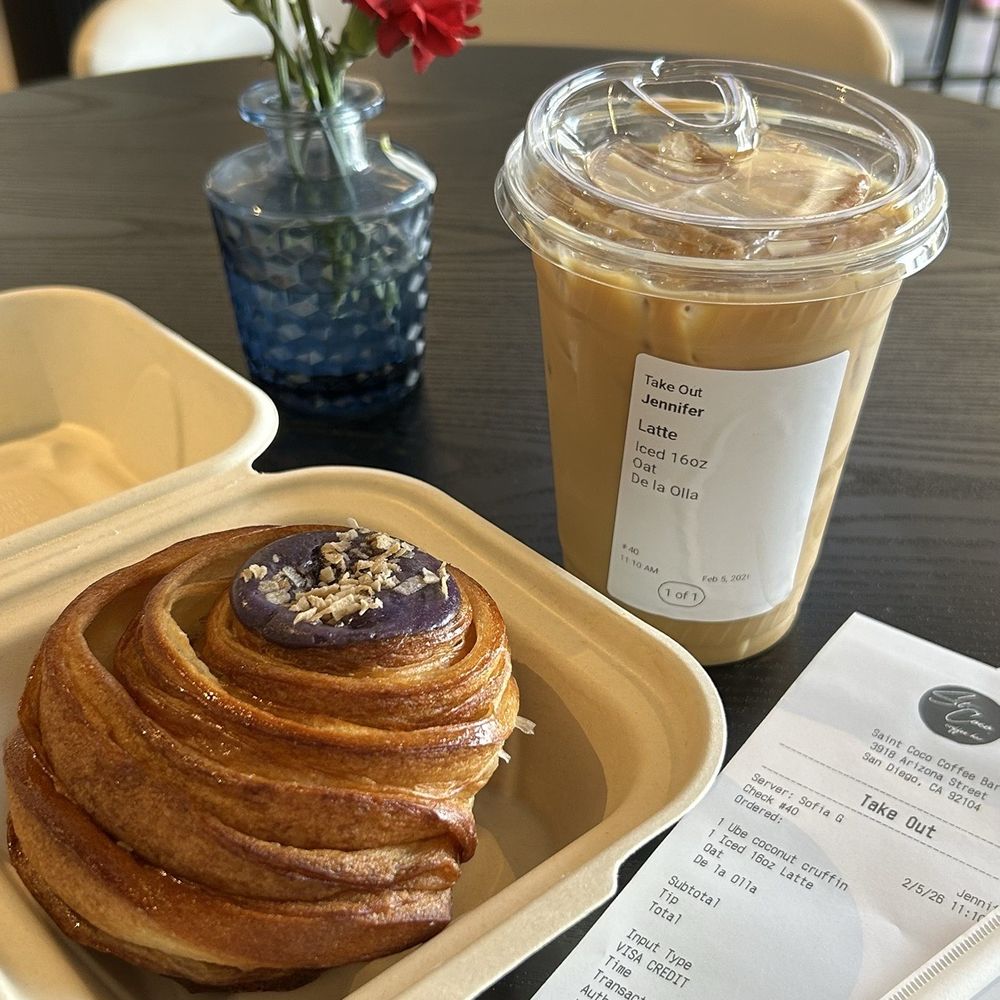 Saint Coco Coffee Bar - Ube coconut cruffin and a de la olla latte - Coffee & Tea Near Me - San Diego, California Saint Coco Coffee Bar - Ube coconut cruffin and a de la olla latte - Coffee & Tea Near Me - San Diego, California