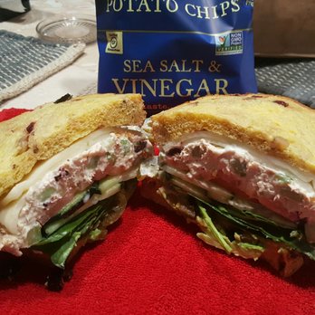 Yo-Way Eatery - almost 3 inches thick of nothing but healthy love! Tuna delight! w/ provolone  cheese, spinach, avocado,  on cranberry walnut bread! - Juice Bars & Smoothies Near Me - Gardena, California