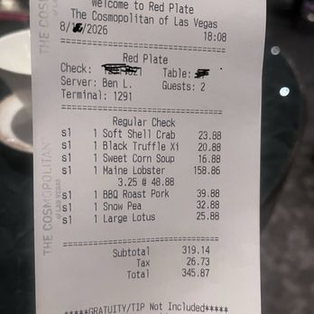 Red Plate - $345.87 for two, after the egg rolls were removed and before tip. Portions were pretty small. - Chinese Near Me - Las Vegas, Nevada Red Plate - $345.87 for two, after the egg rolls were removed and before tip. Portions were pretty small. - Chinese Near Me - Las Vegas, Nevada