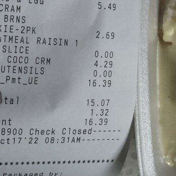 Coco's Bakery Restaurant - Receipt from todays unappetizing pie slice. 30- 40 minutes does not make pie turn into mush - Bakeries Near Me - Redlands, California