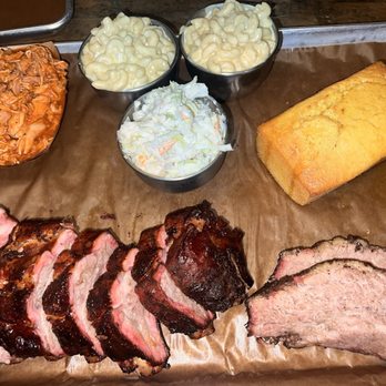 Old Fields Barbecue - Pulled chicken, 1/2 rack of ribs, brisket, corn bread, Mac & Cheese, and Coleslaw - Barbeque Near Me - Huntington, New York