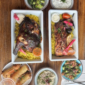 Mazra - Grilled Salmon Plate and Garlic Rotisserie Chicken Plate - Mediterranean Near Me - San Bruno, California