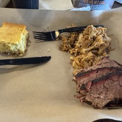 Mission BBQ - Brisket, pulled chicken, corn bread.