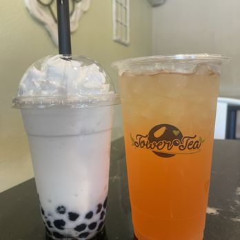 Tower Tea - Coconut smoothie with boba and strawberry peach green tea that I got for free with the ramen - Bubble Tea Near Me - Fresno, California