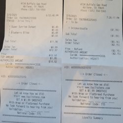 Tropical Smoothie Cafe - One the left is the receipt of our original order. On the right is the refund receipt we received.
