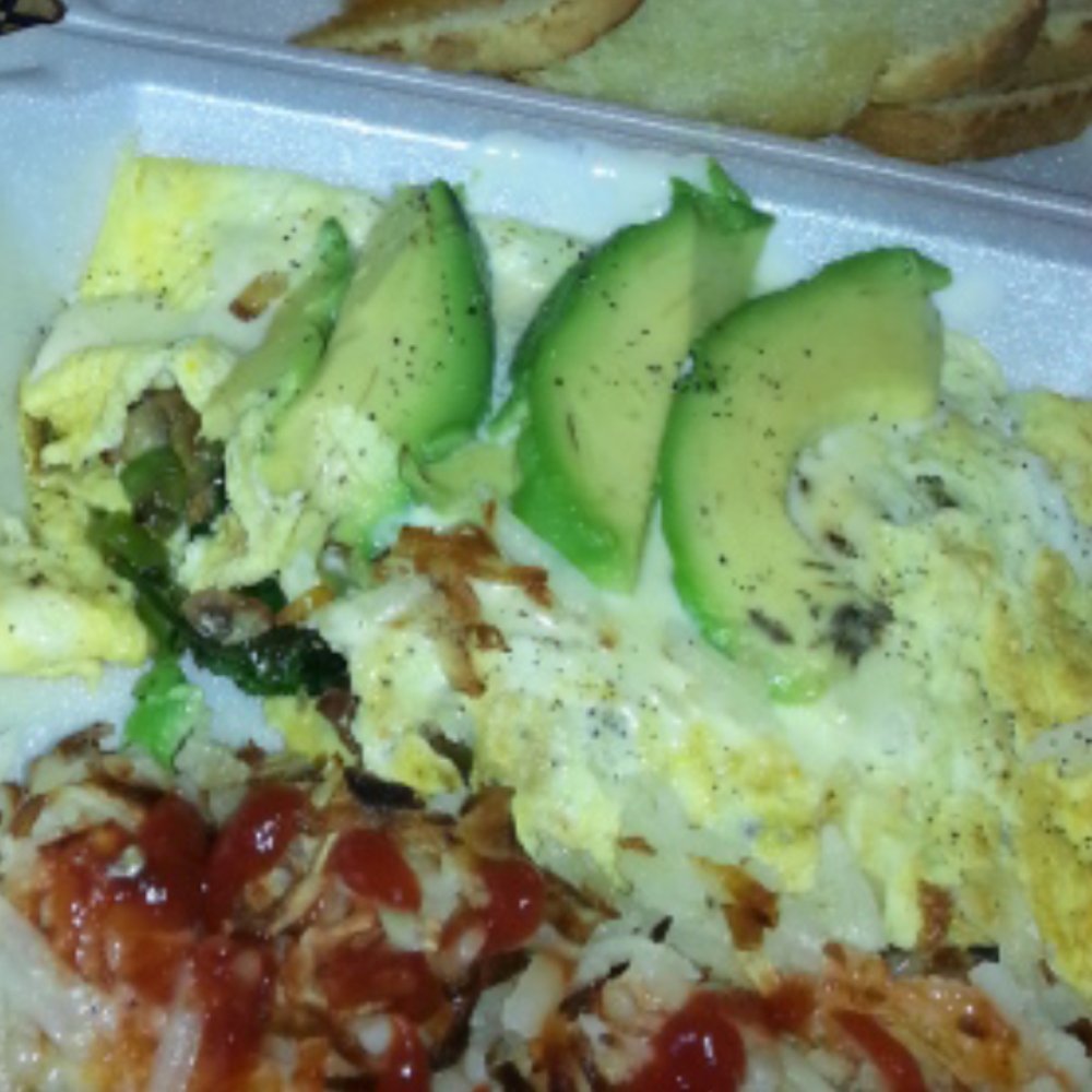 Scotty's Cafe - Spinach, bacon, jack cheese, bell peppers, avocado on the top omelet w/ hash browns & sourdough toast with apple cinnamon jelly. - Diners Near Me - Vallejo, California Scotty's Cafe - Spinach, bacon, jack cheese, bell peppers, avocado on the top omelet w/ hash browns & sourdough toast with apple cinnamon jelly. - Diners Near Me - Vallejo, California