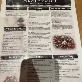 Meat Point - Menu - The menu from Meat Point restaurant in Toronto displays sections for soups, kebabs, special mix platters, salads, and doner dishes. Items include lentil and paca soups, adana and souvlaki kebabs, and various special platters like sirloin and BBQ mix. Salads include shepherd, Greek, and meat point salads. Doner options feature meat, chicken, iskender, and mixed doner, with prices ranging from $7 to $35. The menu is printed on a single sheet with a black and white header and item descriptions. - Turkish Near Me - Toronto, Ontario