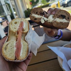 House of Bagels - Sesame bagel with cream cheese and lox. Chocolate chip bagel with cream cheese.