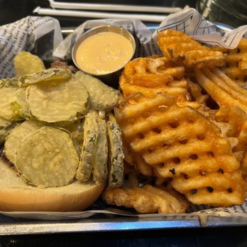 The Committed Pig - The Illy Dilly Burger (Russian dressing on the side) with waffle fries - Breakfast & Brunch Near Me - Morristown, New Jersey The Committed Pig - The Illy Dilly Burger (Russian dressing on the side) with waffle fries - Breakfast & Brunch Near Me - Morristown, New Jersey