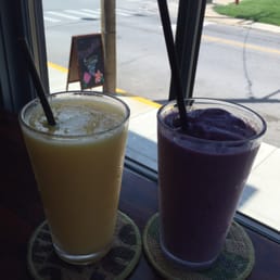 Smoothies!  Mango, pineapple with coconut water & blueberry, strawberry, banana with soy milk.  Yum!