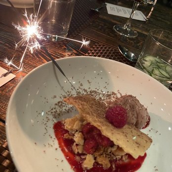 Mattias Blom - Raspberry torte with fresh market raspberries, shortbread crisp, dark chocolate ganache (under), raspberry purée, and raspberry cream - Caterers Near Me - Santa Barbara, California