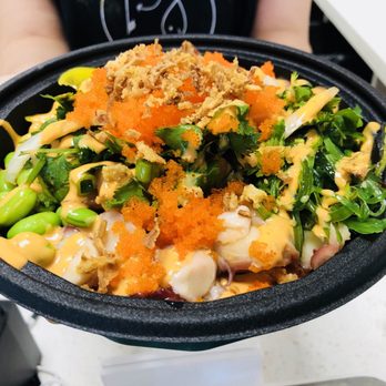 Papa Yu - The server is such a sweetie! She made my poke bowl beautifully with infused charcoal rice, proteins, & tons of veggies. Two thumbs up! - Poke Near Me - Houston, Texas
