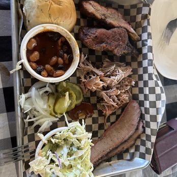 Big Stick BBQ - Combo plate: Ribs, brisket, pulled pork, coleslaw, beans, roll. - Barbeque Near Me - Bellingham, Washington