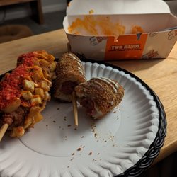 Two Hands Fresh Corn Dogs - Potato cheese/Dog, Ranch Dog and Dirty Fries.
