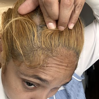 Mena's Hair Design - Blonde roots only coloring I have long hair I had it down, I noticed while putting my hair into a ponytail it looked lighter in that area - Hair Salons Near Me - Chicago, Illinois Mena's Hair Design - Blonde roots only coloring I have long hair I had it down, I noticed while putting my hair into a ponytail it looked lighter in that area - Hair Salons Near Me - Chicago, Illinois
