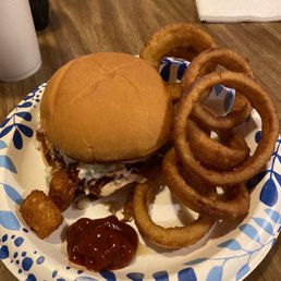 Pulled pork sandwich with slaw and onion rings Pulled pork sandwich with slaw and onion rings
