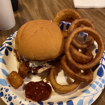 Chow Hall - Pulled pork sandwich with slaw and onion rings - Breakfast & Brunch Near Me - Knoxville, Tennessee Chow Hall - Pulled pork sandwich with slaw and onion rings - Breakfast & Brunch Near Me - Knoxville, Tennessee