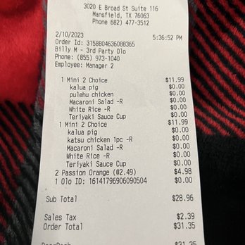Mo' Bettahs Hawaiian Style Food - Receipt. $32 before tip. Neither of us got the kahlua pig. Husband got a katsu he didn't order instead. I got nothing. - Hawaiian Near Me - Mansfield, Texas