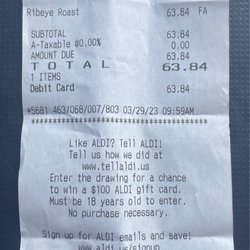 ALDI - Receipt for Prime Rib.