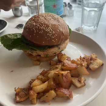 The Courtyard Kitchen - Salmon Dill Burger - New American Near Me - Santa Monica, California The Courtyard Kitchen - Salmon Dill Burger - New American Near Me - Santa Monica, California