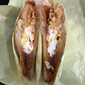 Best Donuts - Chorizo and Egg Breakfast Sandwich (4 stars) - smaller than the picture but very tasty, almost like a panini - Donuts Near Me - San Ramon, California