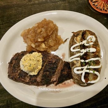 Low Stakes Lodge - Bavette steak with loaded baked potato and Apple compote - American Near Me - Portland, Maine Low Stakes Lodge - Bavette steak with loaded baked potato and Apple compote - American Near Me - Portland, Maine