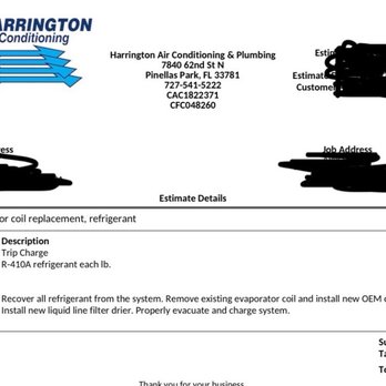 Harrington Air Conditioning - -$5,407 Estimate Invoice to replace Coil Unnecessarily - Heating & Air Conditioning/HVAC Near Me - Pinellas Park, Florida Harrington Air Conditioning - -$5,407 Estimate Invoice to replace Coil Unnecessarily - Heating & Air Conditioning/HVAC Near Me - Pinellas Park, Florida