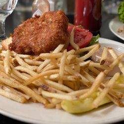 Car Wash Cafe - Crab cake sandwich. Deep fried unfortunately, but otherwise terrific. Tomato was garden fresh. Shoestring fries crisp.