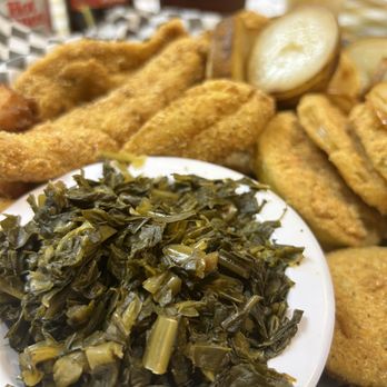 Mountain View Restaurant - Collard greens and fried green tomatoes as the sides with Catfish - Seafood Near Me - Telford, Tennessee