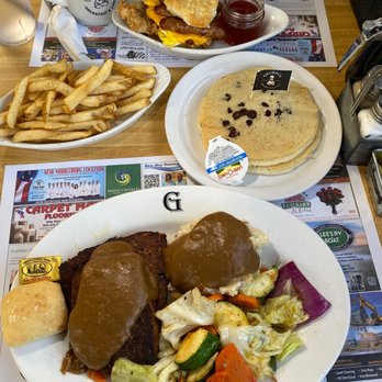 Grumpy's Restaurant - Meatloaf (bottom), Pancakes, and Grumpy's Loaded Chicken Biscuit, and French Fries - Breakfast & Brunch Near Me - Orange Park, Florida Grumpy's Restaurant - Meatloaf (bottom), Pancakes, and Grumpy's Loaded Chicken Biscuit, and French Fries - Breakfast & Brunch Near Me - Orange Park, Florida