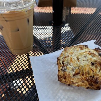 The Bake Shop - Iced Latte and Ham and Cheese scone - Bagels Near Me - Williamsburg, Virginia