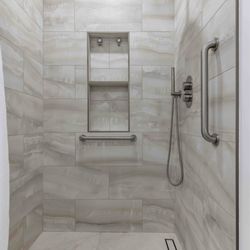 GADI Construction - Los Altos # bathroom remodeling # shower pan # tile # floating vanity # LED mirrors # bathroom fixtures