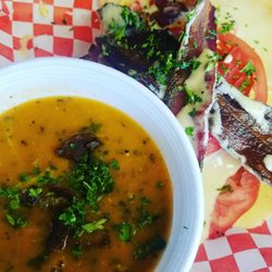 The Schnitzel Bomber - Open face club with cheddar sauce. Roast tomato soup and garden herbs #breakingclubrules