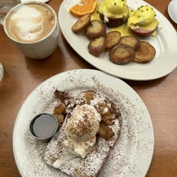 French toast with cinnamon apples and eggs Benedict with Canadian bacon