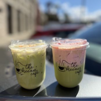 The Breeze Cafe - Iced Banana Cream Matcha and Iced strawberry matcha - Breakfast & Brunch Near Me - Newark, California
