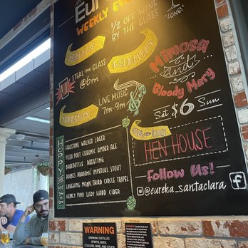 Eureka - Outdoor bar area and weekly event sign - American Near Me - Santa Clara, California Eureka - Outdoor bar area and weekly event sign - American Near Me - Santa Clara, California
