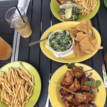 Barnaby's Cafe - Side of fries, burger, Spinach & Artichoke Dip, Sticky Spicy Chicken Wontons - Breakfast & Brunch Near Me - Houston, Texas