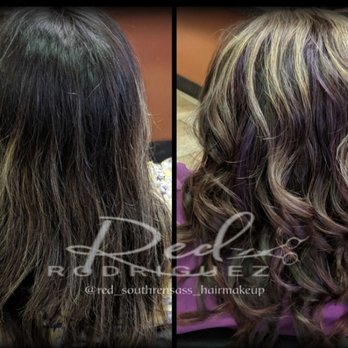 Redz Hair Studio - Hilights with some Easter peek o boos pictured in purple - Hair Salons Near Me - Clute, Texas