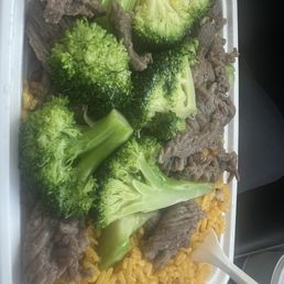 Beef and broccoli sauce on the side w Beef fried rice. Egg roll not shown but it was Beef and broccoli sauce on the side w Beef fried rice. Egg roll not shown but it was