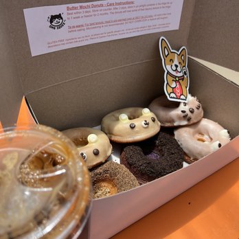 Omg Squee - Box of mochi donuts and an iced coffee. Also a cutie little sticker - Desserts Near Me - Austin, Texas