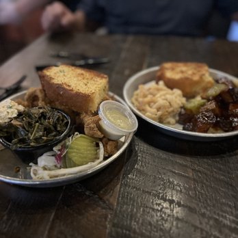 Edley's Bar-B-Que - Catfish platter w/collard greens, potato salad, coleslaw and cornbread  Burnt ends with grits casserole, macaroni-n-cheese and cornbread - Barbeque Near Me - Chattanooga, Tennessee