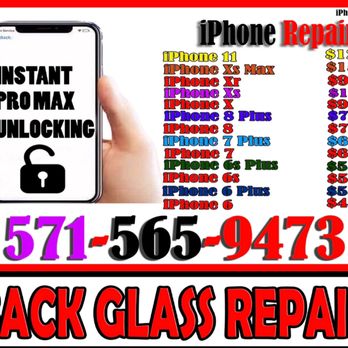 Cellfix & Network Unlocking - Glass Repair - The image is a flyer for an iPhone repair business, featuring a list of iPhone models such as iPhone 11, Xs Max, XR, X, 8 Plus, 8, 7 Plus, 7, 6s Plus, 6s, 6 Plus, and 6, with corresponding prices. The flyer includes a large contact phone number, 571-565-9473, and emphasizes services like glass repair and unlocking. The design uses bold, colorful text to highlight different models and prices, with a partial image of a hand holding a smartphone on the left side. The background is predominantly white with red accents and large, prominent text. - Mobile Phone Repair Near Me - Springfield , Virginia